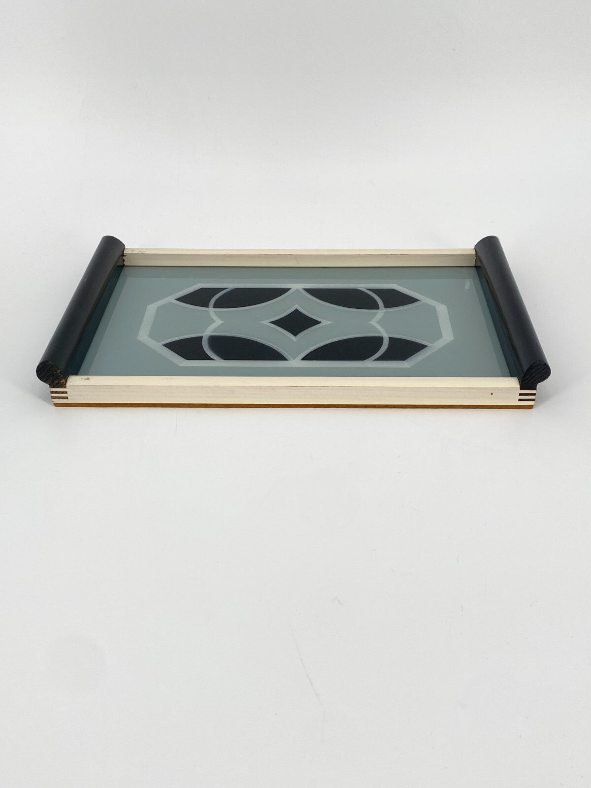 * ART DECO STIL TABLETT HOLZSIEB WASUNGEN 60ER HOLZ GLAS VINTAGE