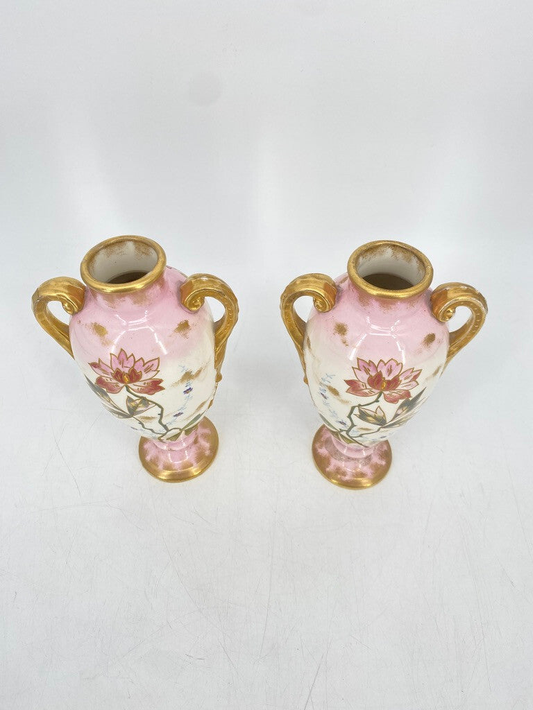 * 2 x VASE PRUNKVASE HENKELVASE BONN FRANZ ANTON MEHLEM PORZELLAN GOLD FLORAL