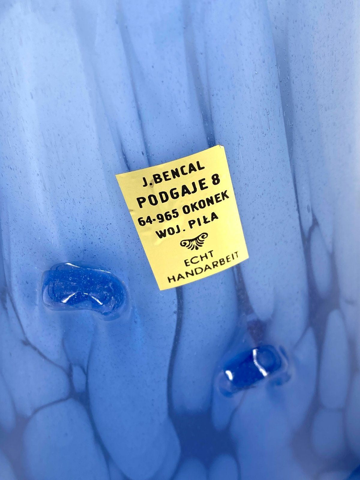 * GROßE BLAUE GLASVASE MUNDGEBLASEN J. BENCAL POLEN VINTAGE BLAU HANDARBEIT