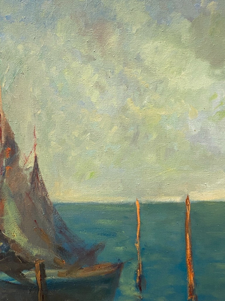* ÖLGEMÄLDE GEMÄLDE AUGUST ENDRUSCHAT SEGELBOOT HAFEN MEER VINTAGE SIGNIERT