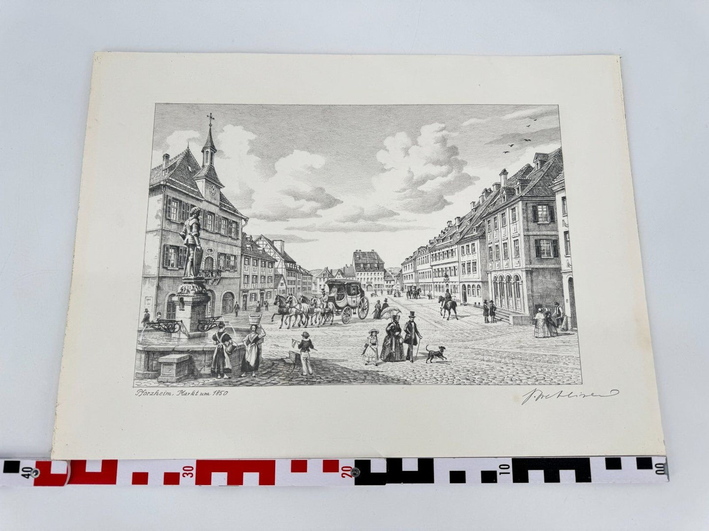 * HEINZ WEHLISCH ZEICHNUNG PFORZHEIM MARKT UM 1850 ANSICHT SIGNIERT