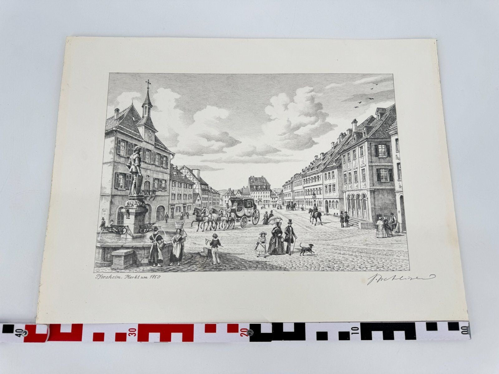 * HEINZ WEHLISCH ZEICHNUNG PFORZHEIM MARKT UM 1850 ANSICHT SIGNIERT