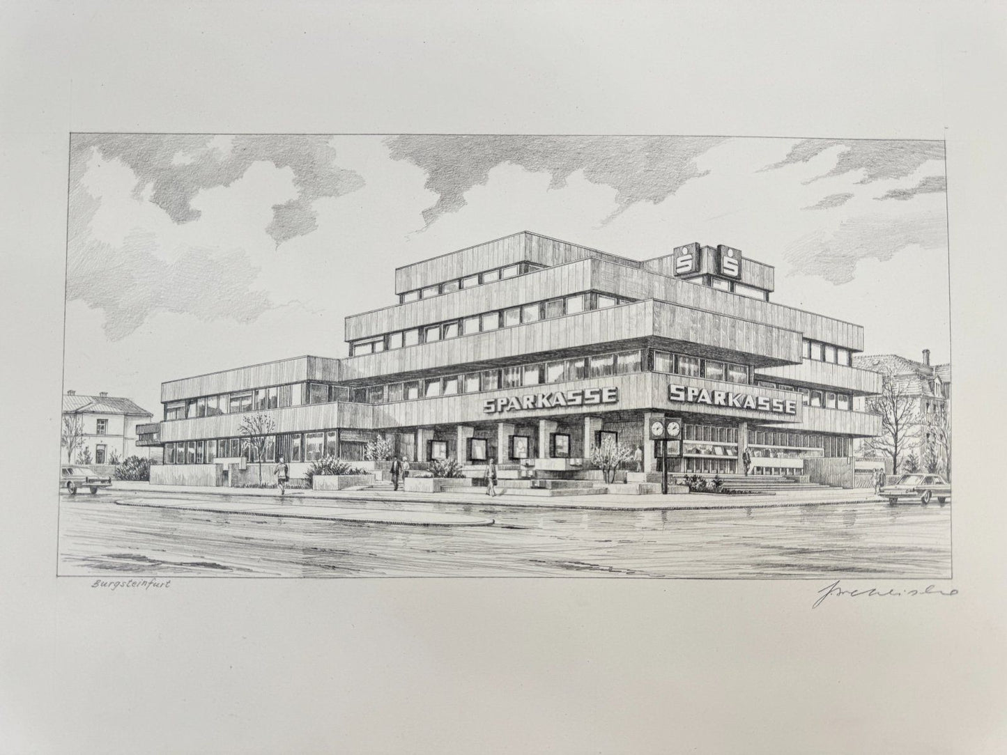 * HEINZ WEHLISCH ZEICHNUNG BURGSTEINFURT SPARKASSE ANSICHT SIGNIERT