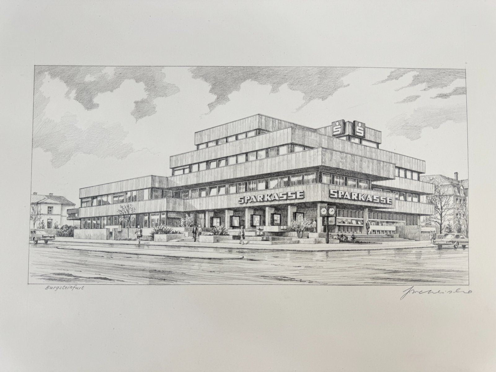 * HEINZ WEHLISCH ZEICHNUNG BURGSTEINFURT SPARKASSE ANSICHT SIGNIERT