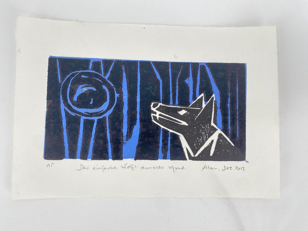 * HOLZSCHNITT FARBIG WOLF MOND BLAU WEIß ALLAN TUSCHE TINTE