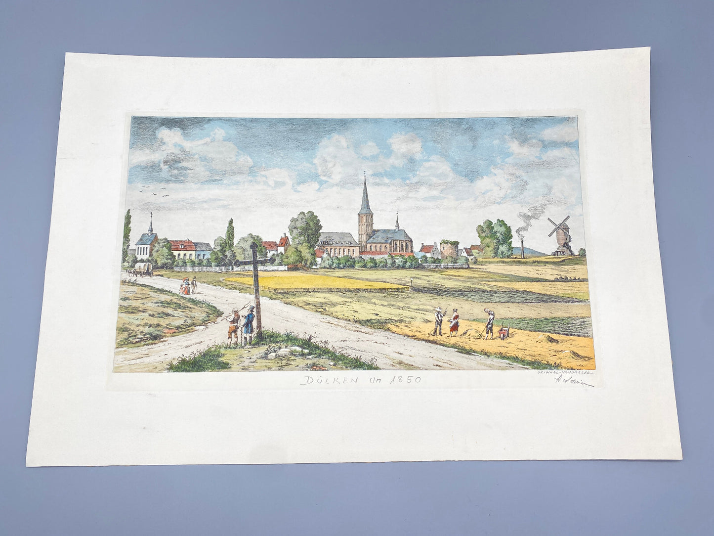 HEINZ WEHLISCH DEUTSCHER KÜNSTLER RADIERUNG DÜLKEN UM 1850 KOLORIERT SIGNIERT