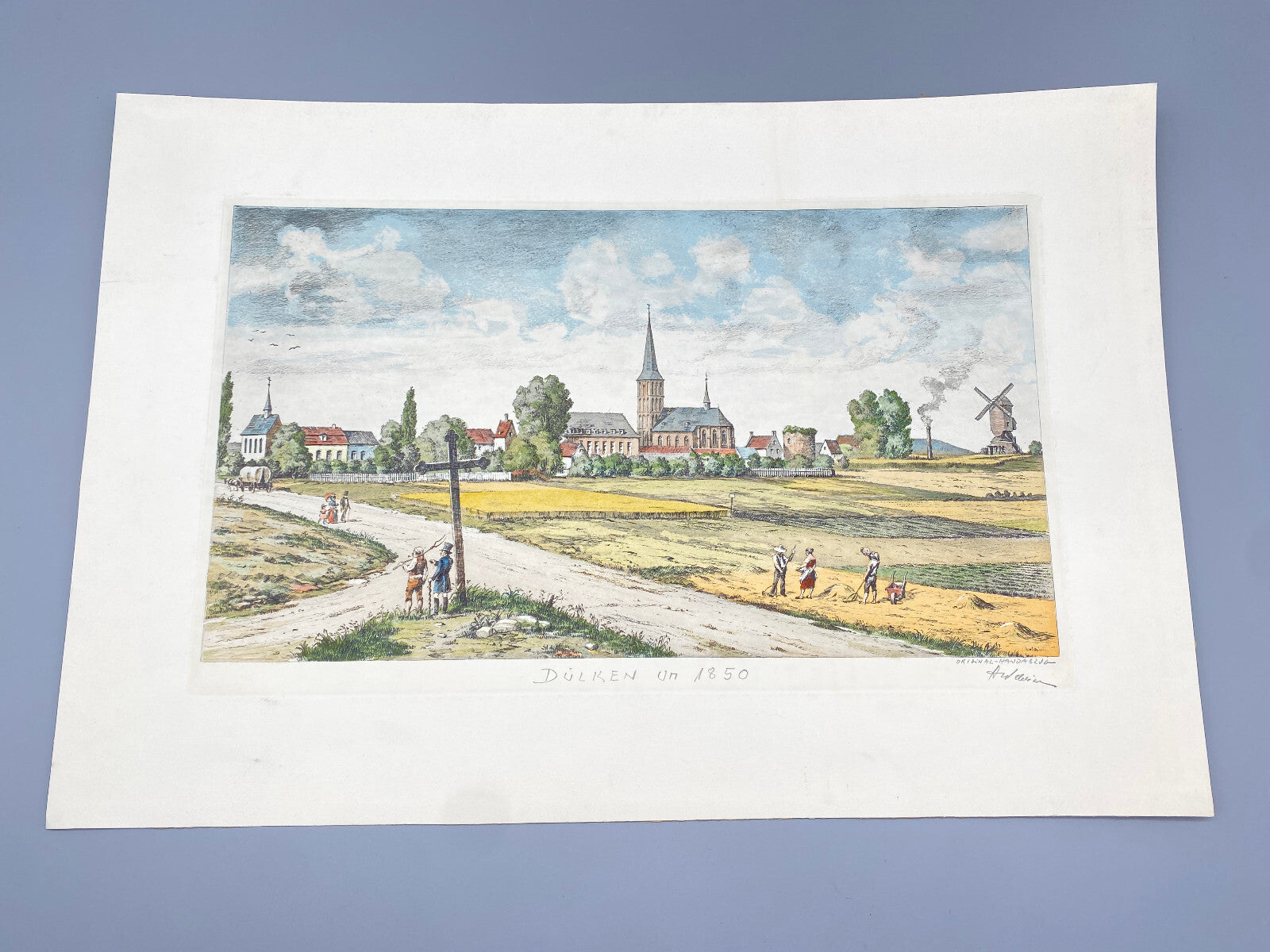 HEINZ WEHLISCH DEUTSCHER KÜNSTLER RADIERUNG DÜLKEN UM 1850 KOLORIERT SIGNIERT