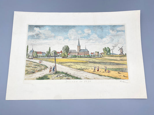 HEINZ WEHLISCH DEUTSCHER KÜNSTLER RADIERUNG DÜLKEN UM 1850 KOLORIERT SIGNIERT