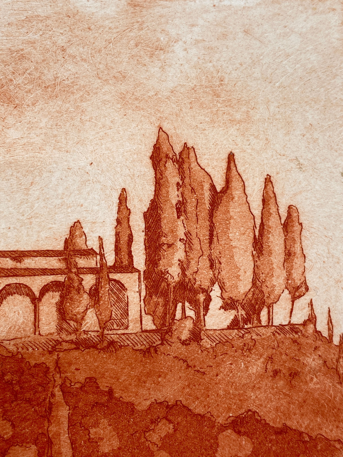 * RADIERUNG KUPFERSTICH ROT KUPFER TOSKANA MEDITERRANE LANDSCHAFT SIGNIERT