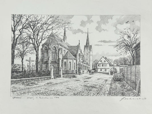 * HEINZ WEHLISCH ZEICHNUNG OFFENBACH BÜRGEL ST PANKRATIUS ANSICHT