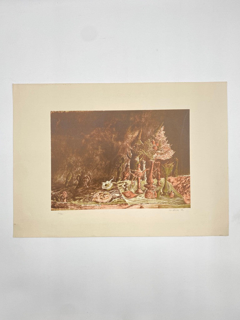 * KUNSTDRUCK ZEICHNUNG STILLEBEN ABSTRAKT VANITAS ROT GRÜN DRUCK PROBE SIGNIERT