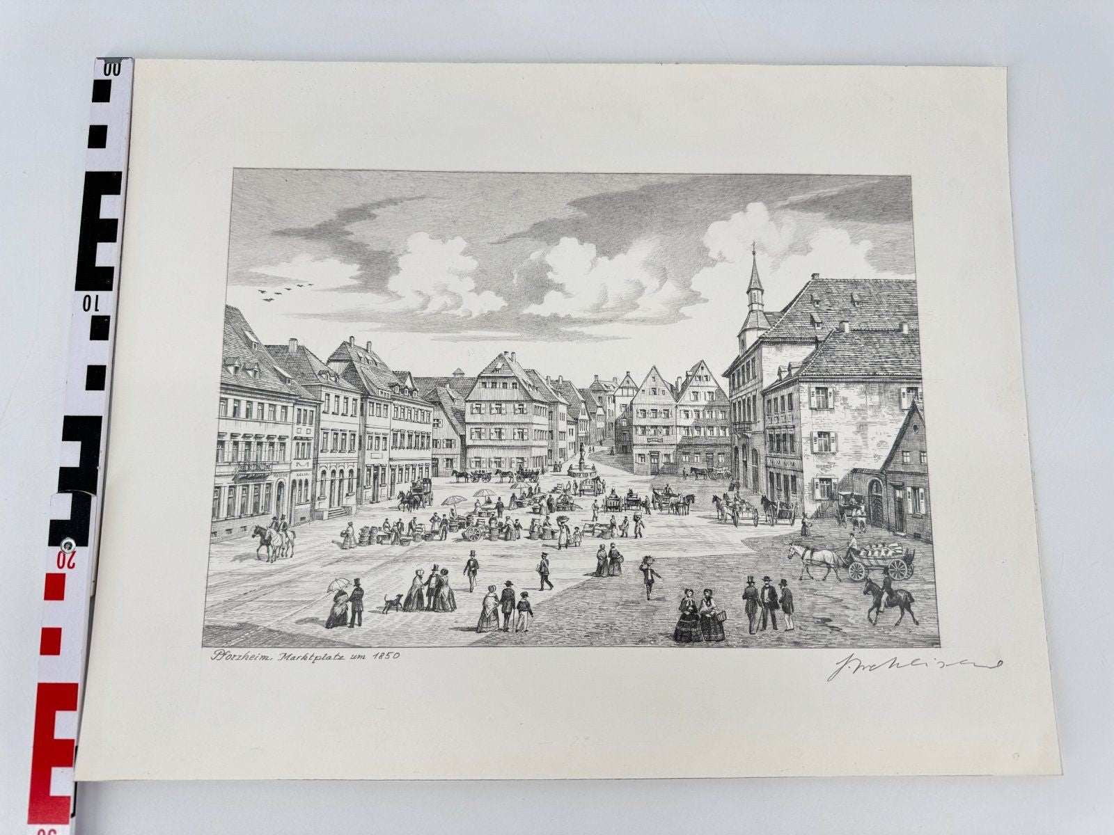 * HEINZ WEHLISCH ZEICHNUNG PFORZHEIM MARKTPLATZ 1850 ANSICHT SIGNIERT