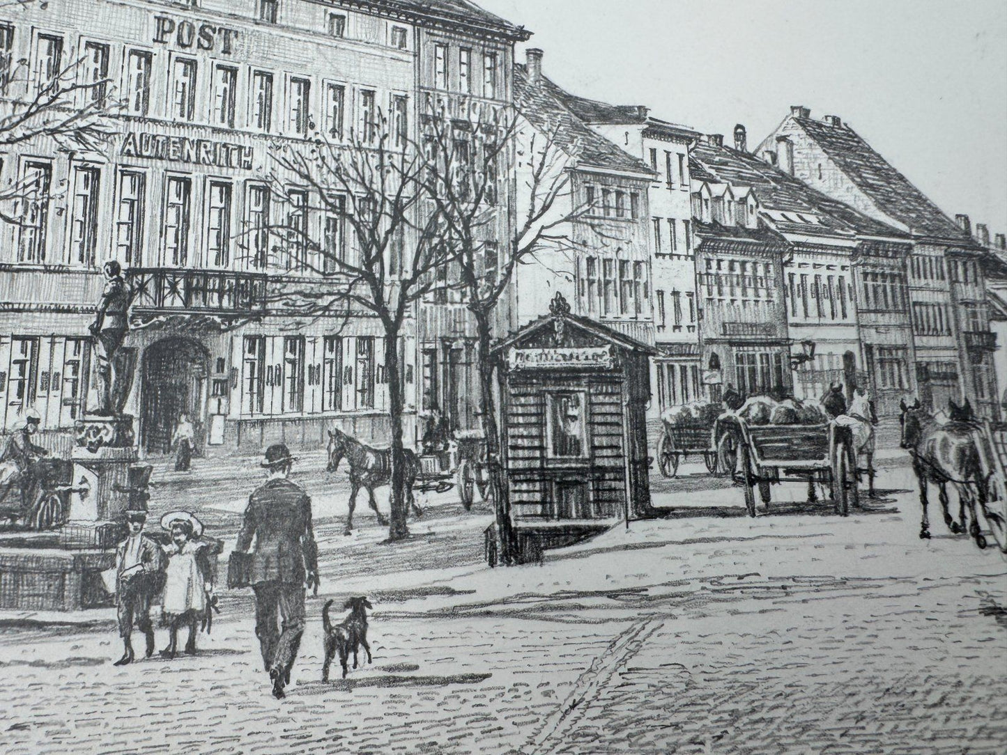 * HEINZ WEHLISCH ZEICHNUNG PFORZHEIM AM LEOPOLDPLATZ UM 1890 ANSICHT