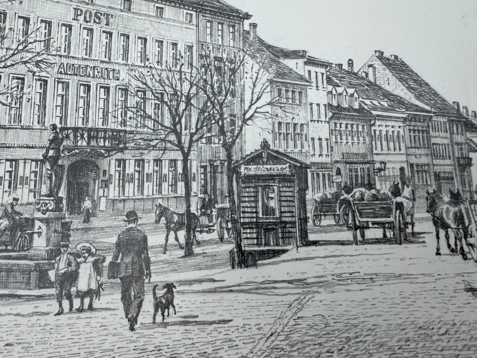 * HEINZ WEHLISCH ZEICHNUNG PFORZHEIM AM LEOPOLDPLATZ UM 1890 ANSICHT
