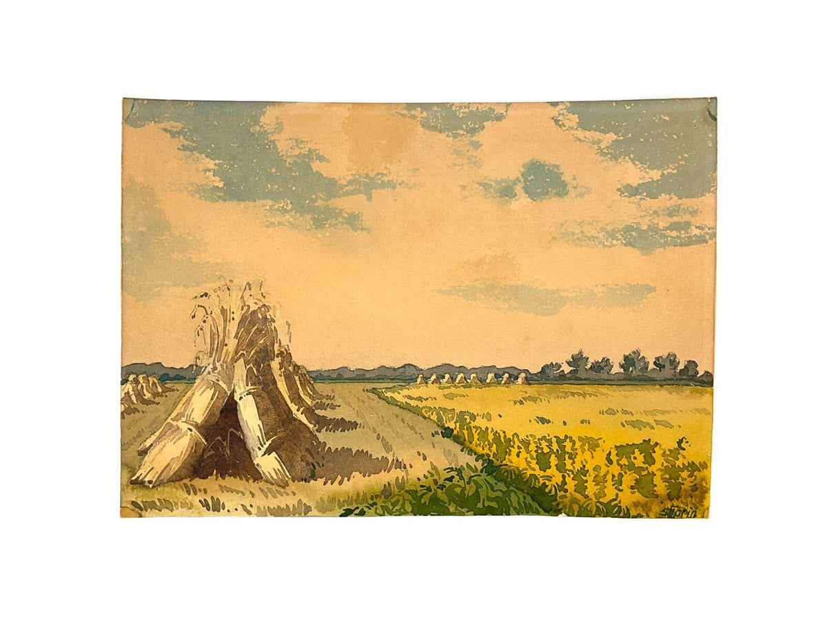 *GEMÄLDE LANDSCHAFTSANSICHT NACH GETREIDEERNTE HEUHAUFEN UNIKAT