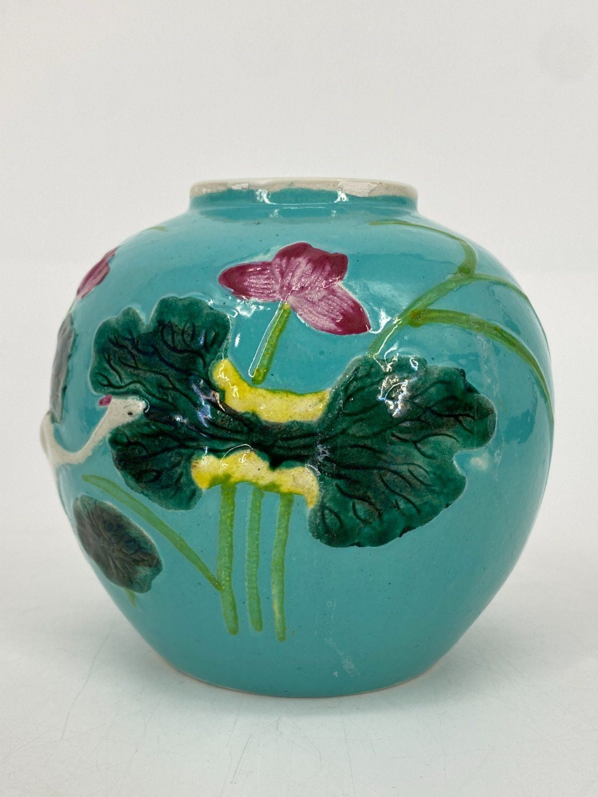 * CHINESISCHE KERAMIK VASE KRANICH SEEROSE RELIEF TÜRKIS VINTAGE