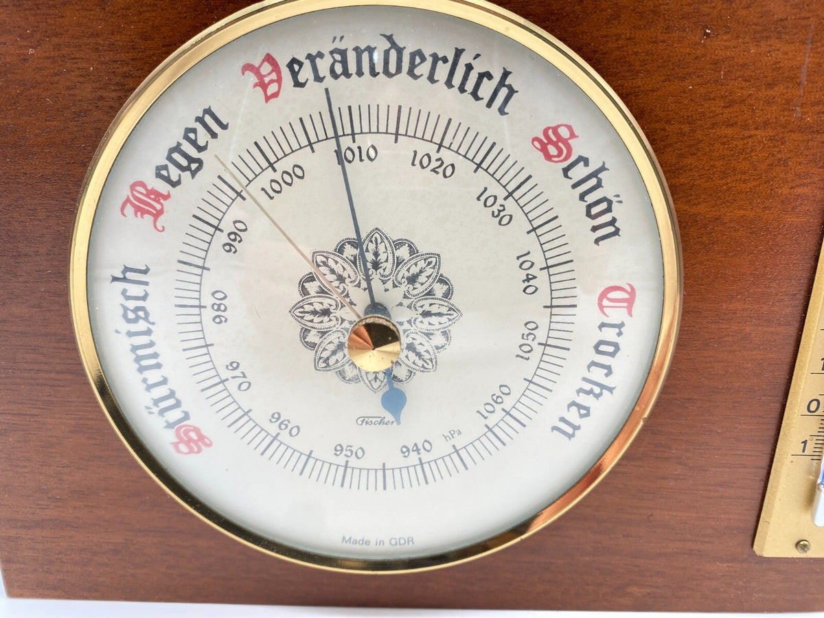ALTE WETTERSTATION THERMOMETER BAROMETER FISCHER HOLZ VINTAGE DDR GDR