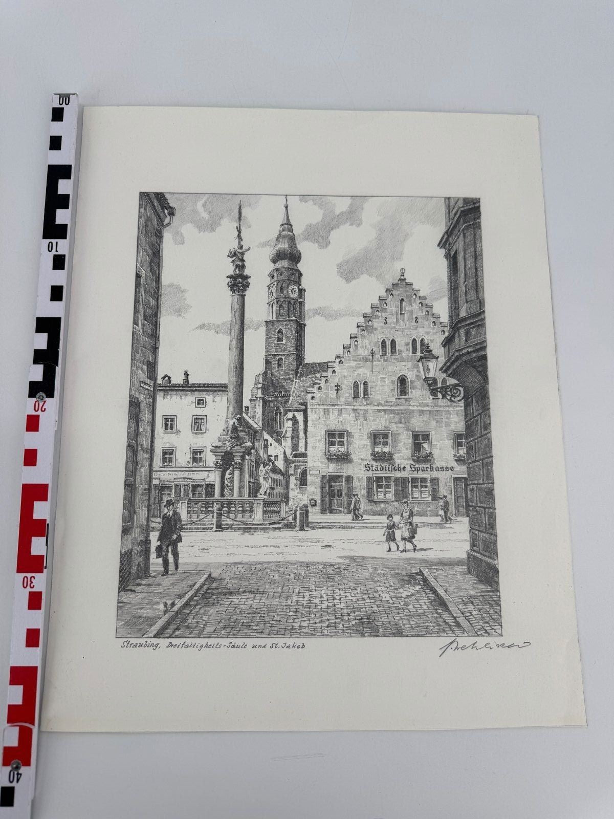 * HEINZ WEHLISCH ZEICHNUNG STRAUBING DREIFALTIGKEITS SÄULE ANSICH