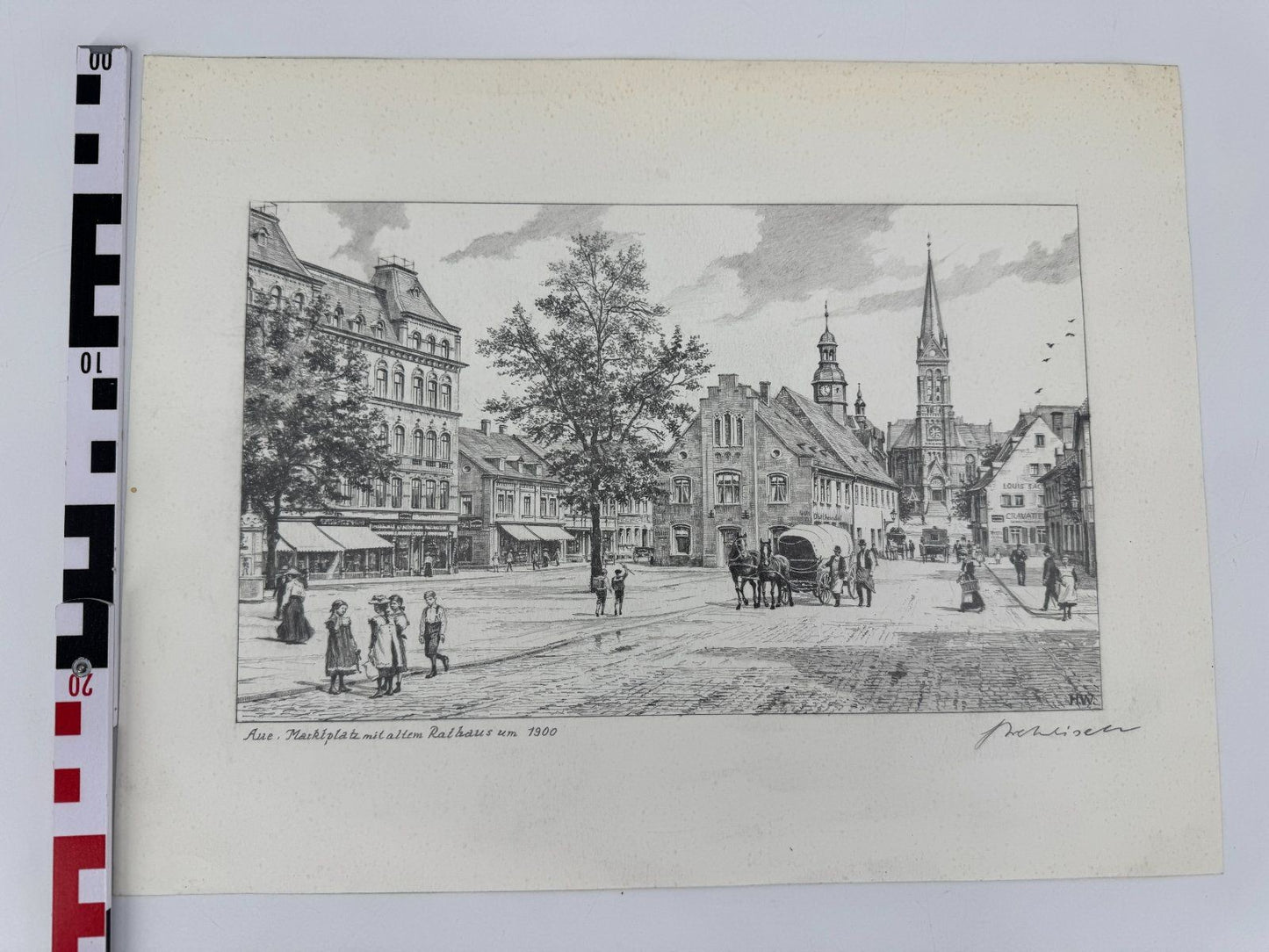 * HEINZ WEHLISCH ZEICHNUNG AUE MARKTPLATZ RATHAUS 1900 ANSICHT SIGNIERT