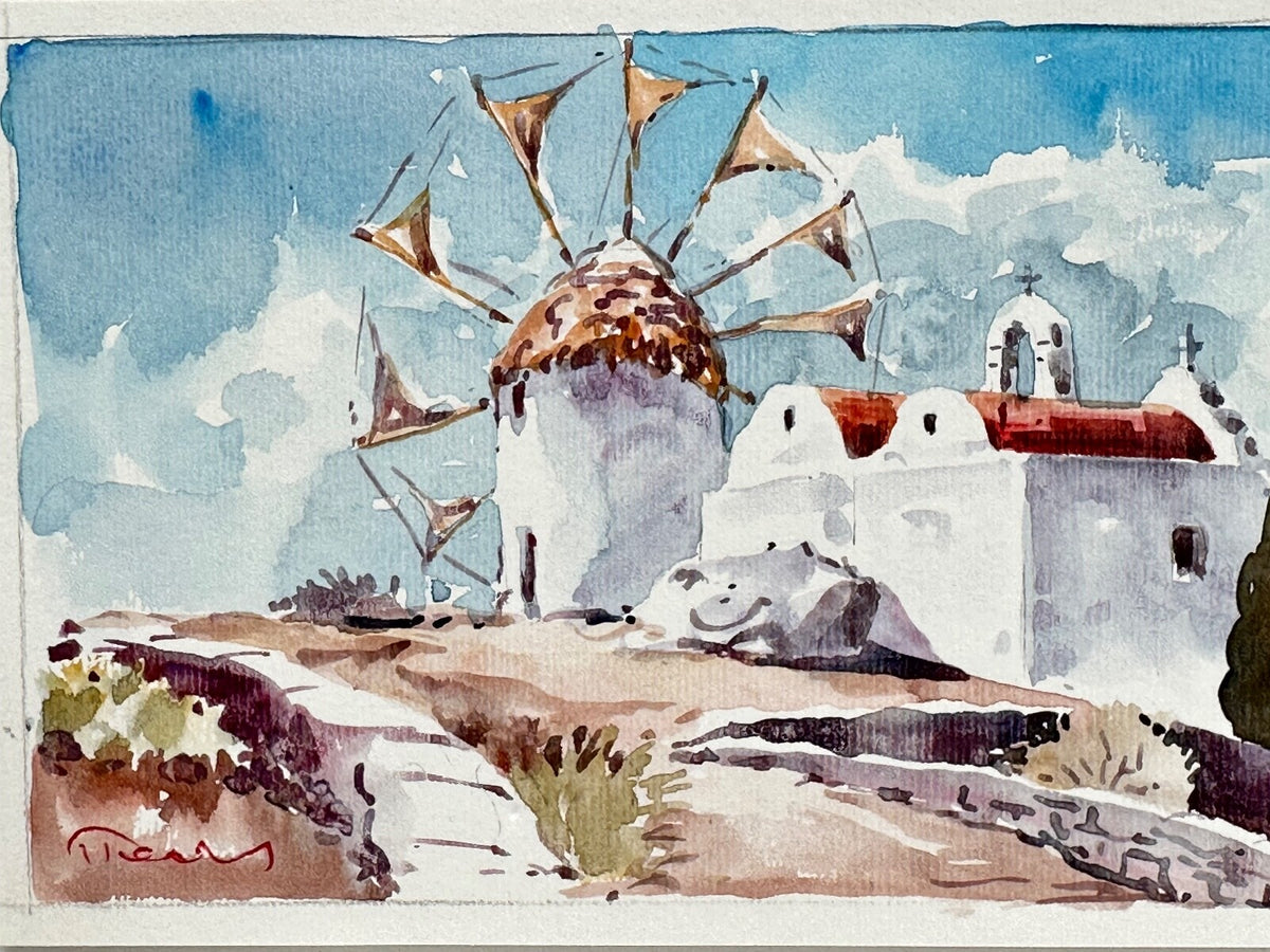 * AQUARELL GRIECHENLAND INSELN SANTORINI KAPATHOS WINDMÜHLE KAPELLE SOMMER