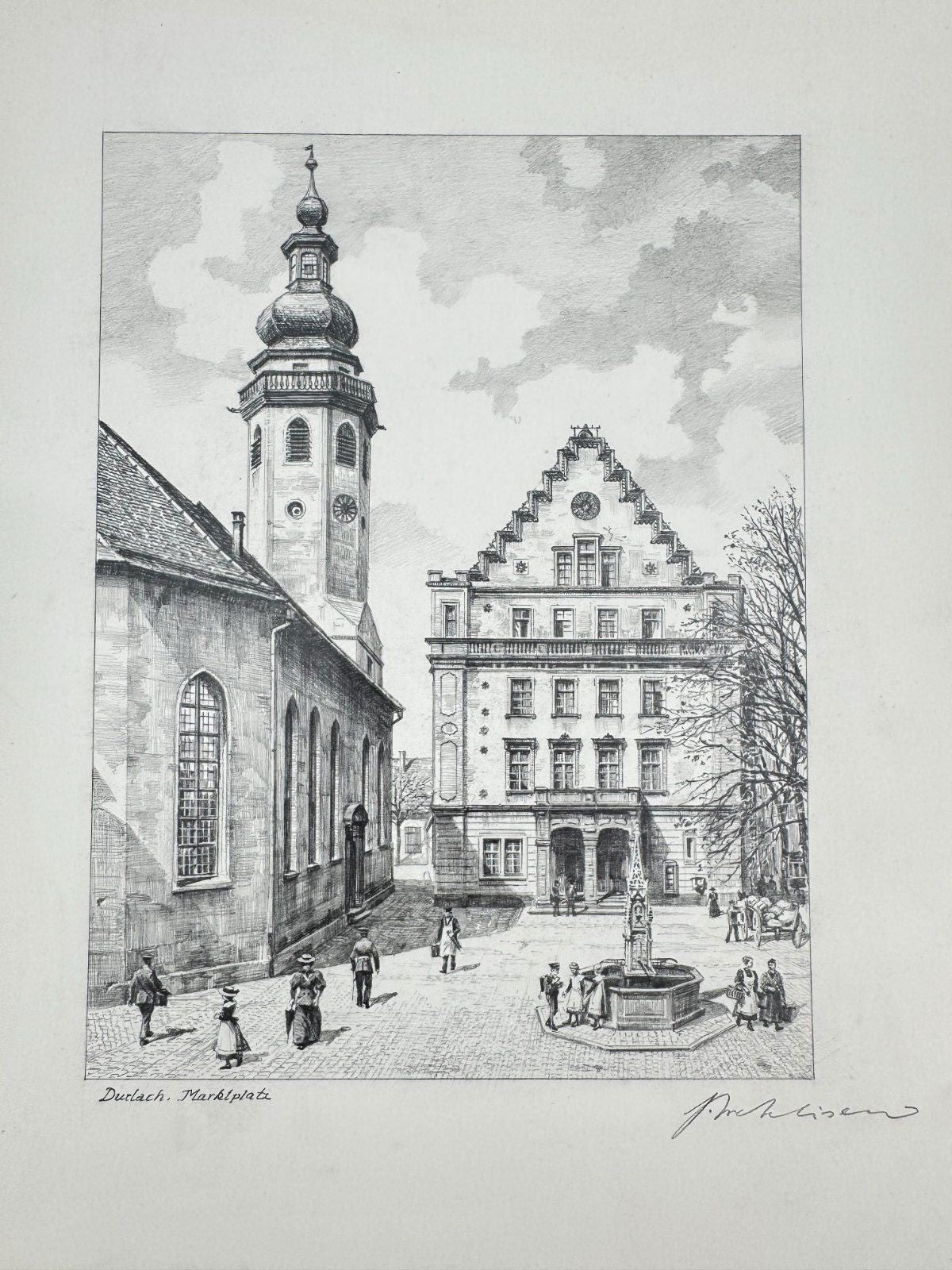 * HEINZ WEHLISCH ZEICHNUNG DURLACH MARKTPLATZ SIGNIERT
