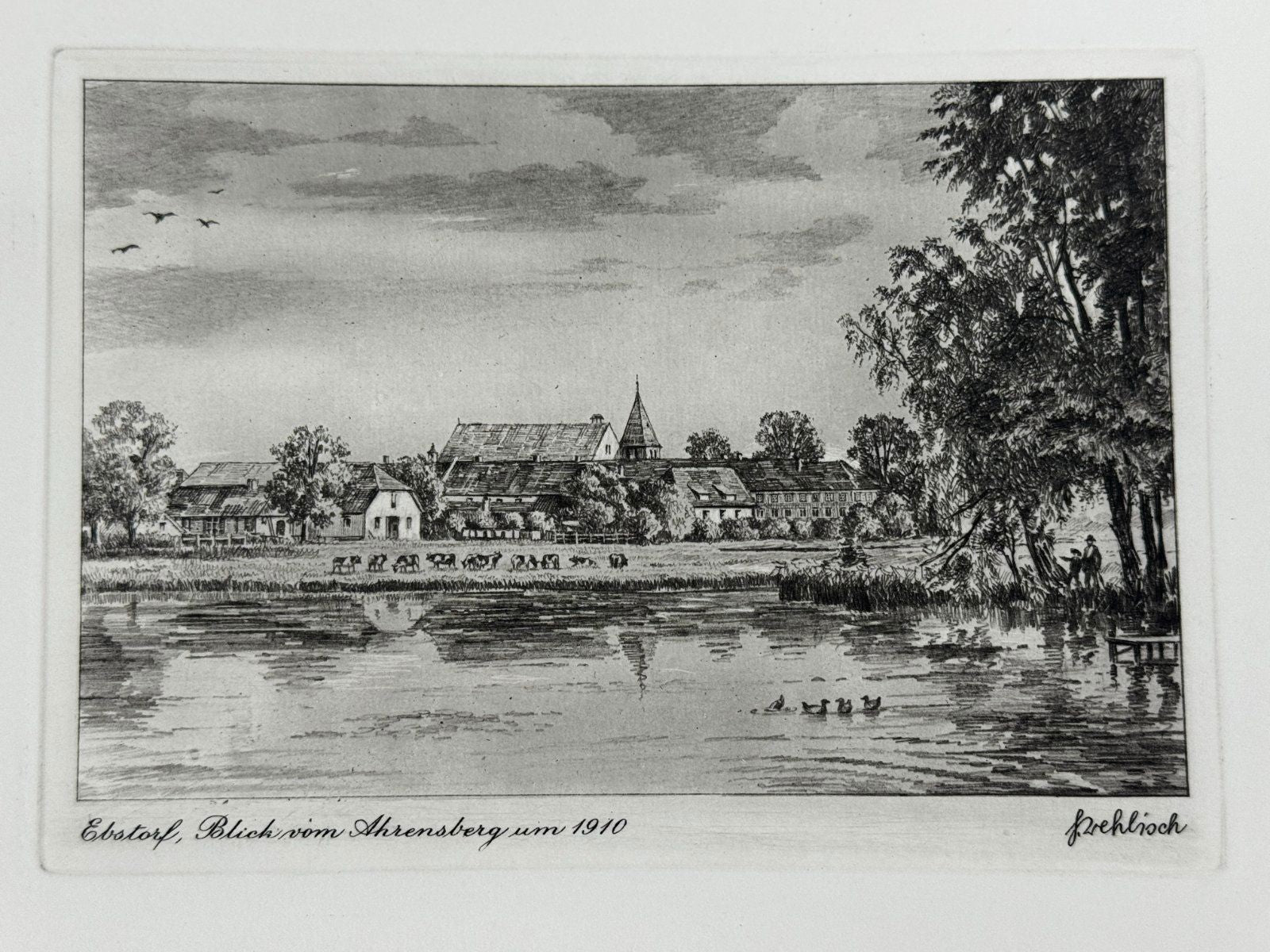 * HEINZ WEHLISCH RADIERUNG EBSTORF BLICK VOM AHRENSBERG UM 1910 