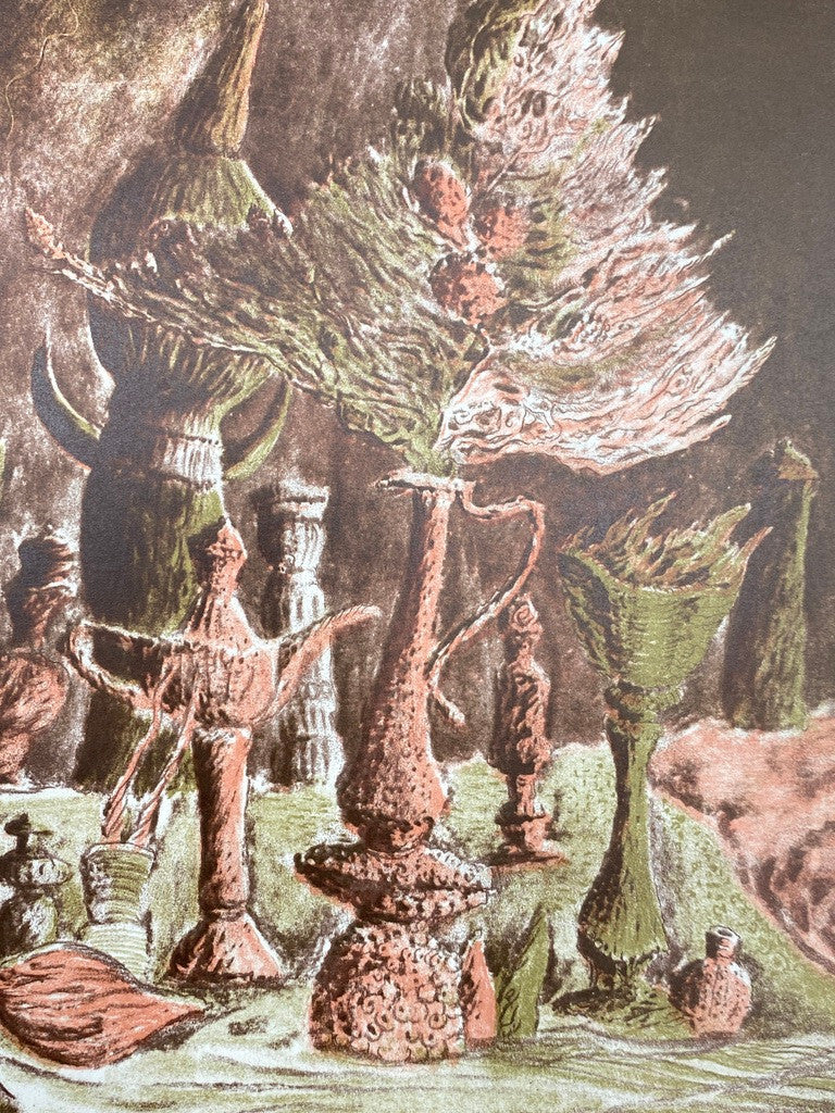 * KUNSTDRUCK ZEICHNUNG STILLEBEN ABSTRAKT VANITAS ROT GRÜN DRUCK PROBE SIGNIERT