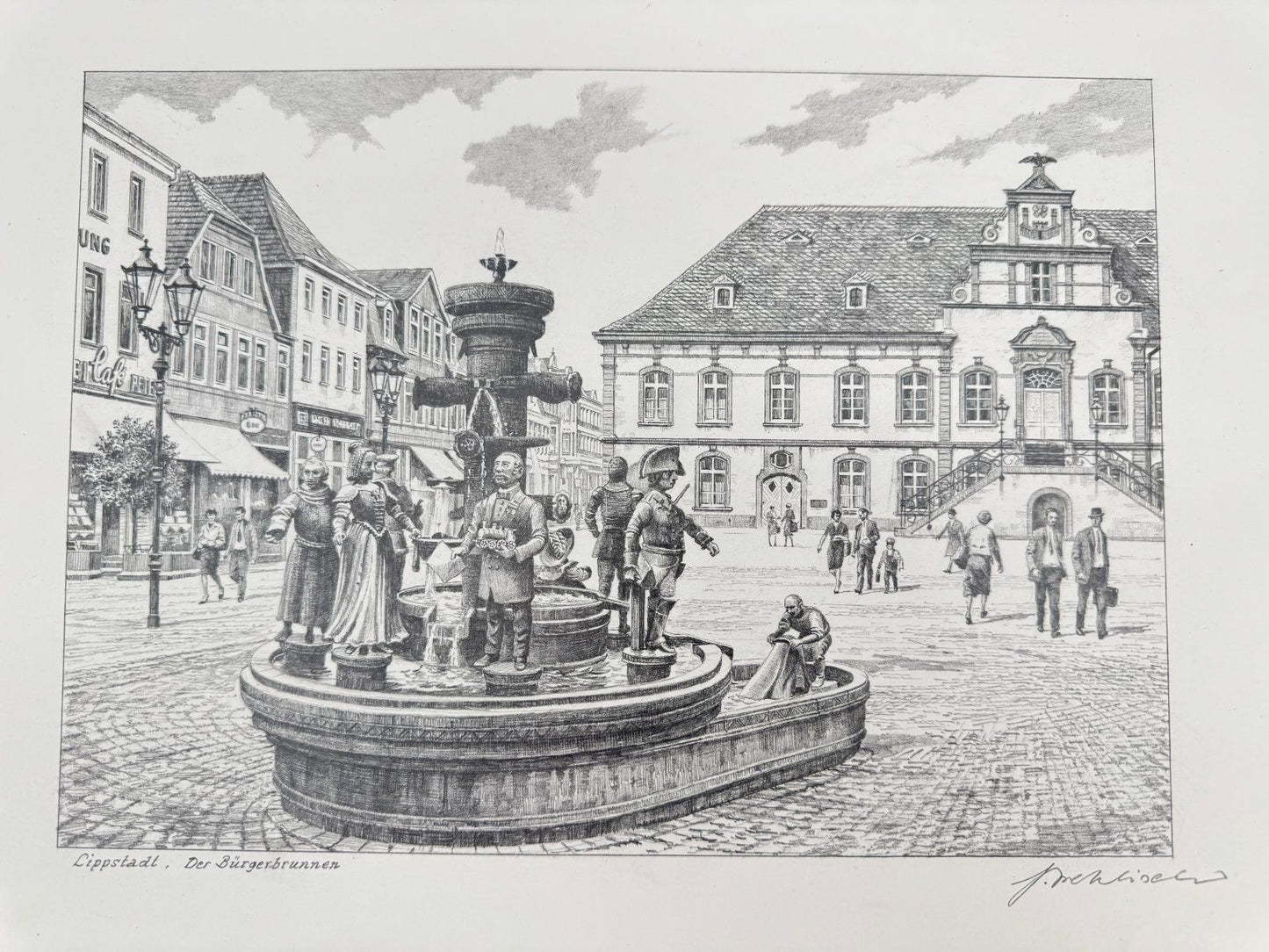 * HEINZ WEHLISCH ZEICHNUNG LIPPSTADT DER BÜRGERBRUNNEN ANSICHT SIGNIERT