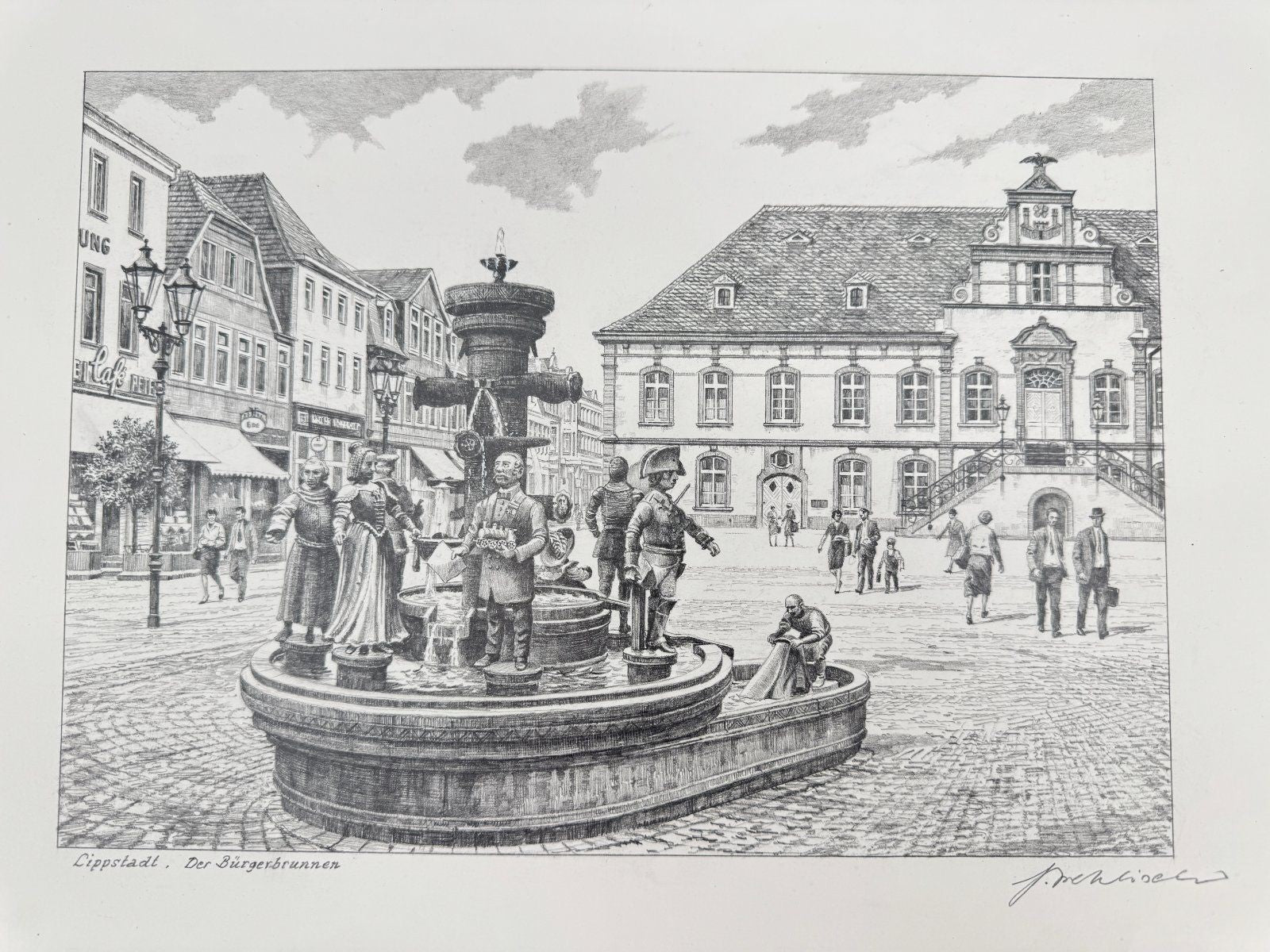 * HEINZ WEHLISCH ZEICHNUNG LIPPSTADT DER BÜRGERBRUNNEN ANSICHT SIGNIERT