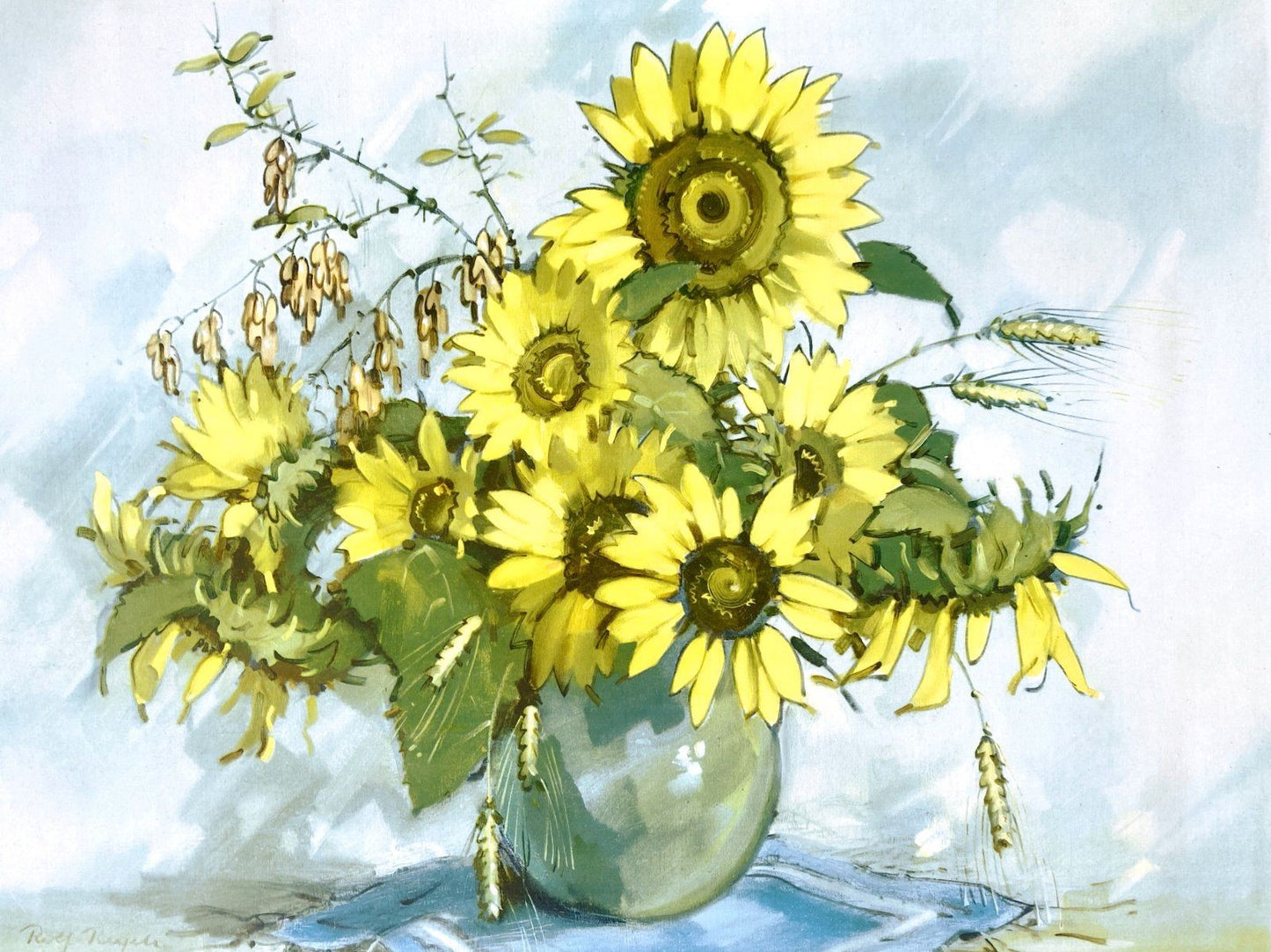 * GRAFIK OFFSET POSTER SONNENBLUMEN VASE STILLEBEN ROLF REGELE