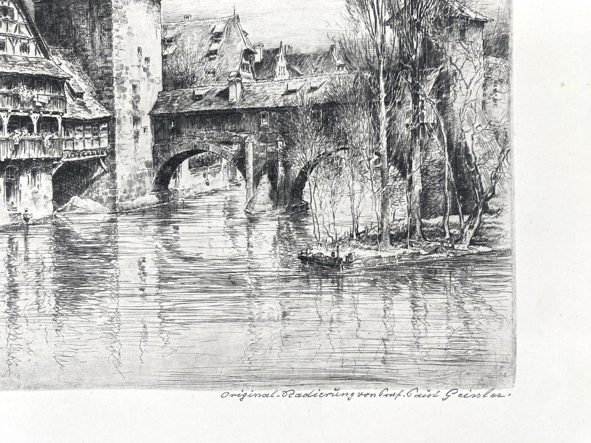 *RADIERUNG PAUL GEISSLER STADTANSICHT NÜRNBERG HENKERBRÜCKE 1920 SIGNIERT VINTAG