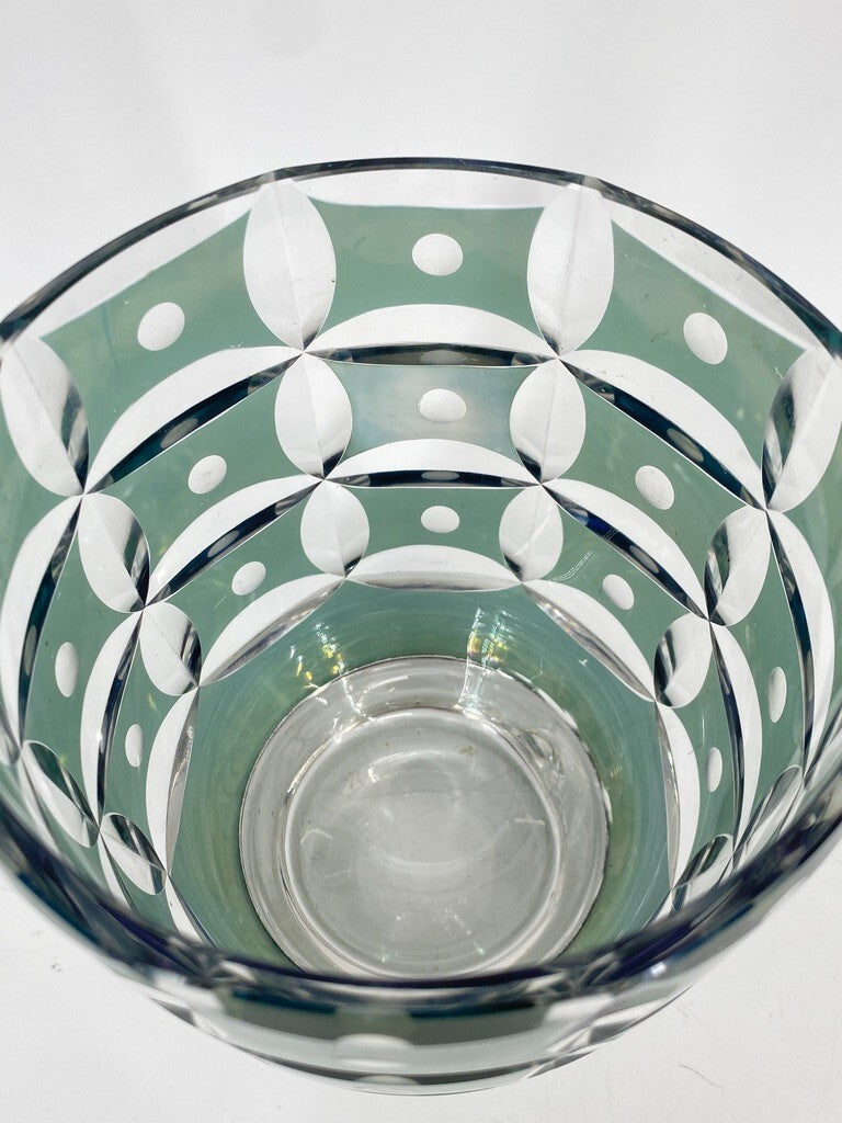 * VASE BÖHMISCHES GLAS ART DECO TOPF TÜRKIS BLAU GRÜN GESCHLIFFEN PUNKTE