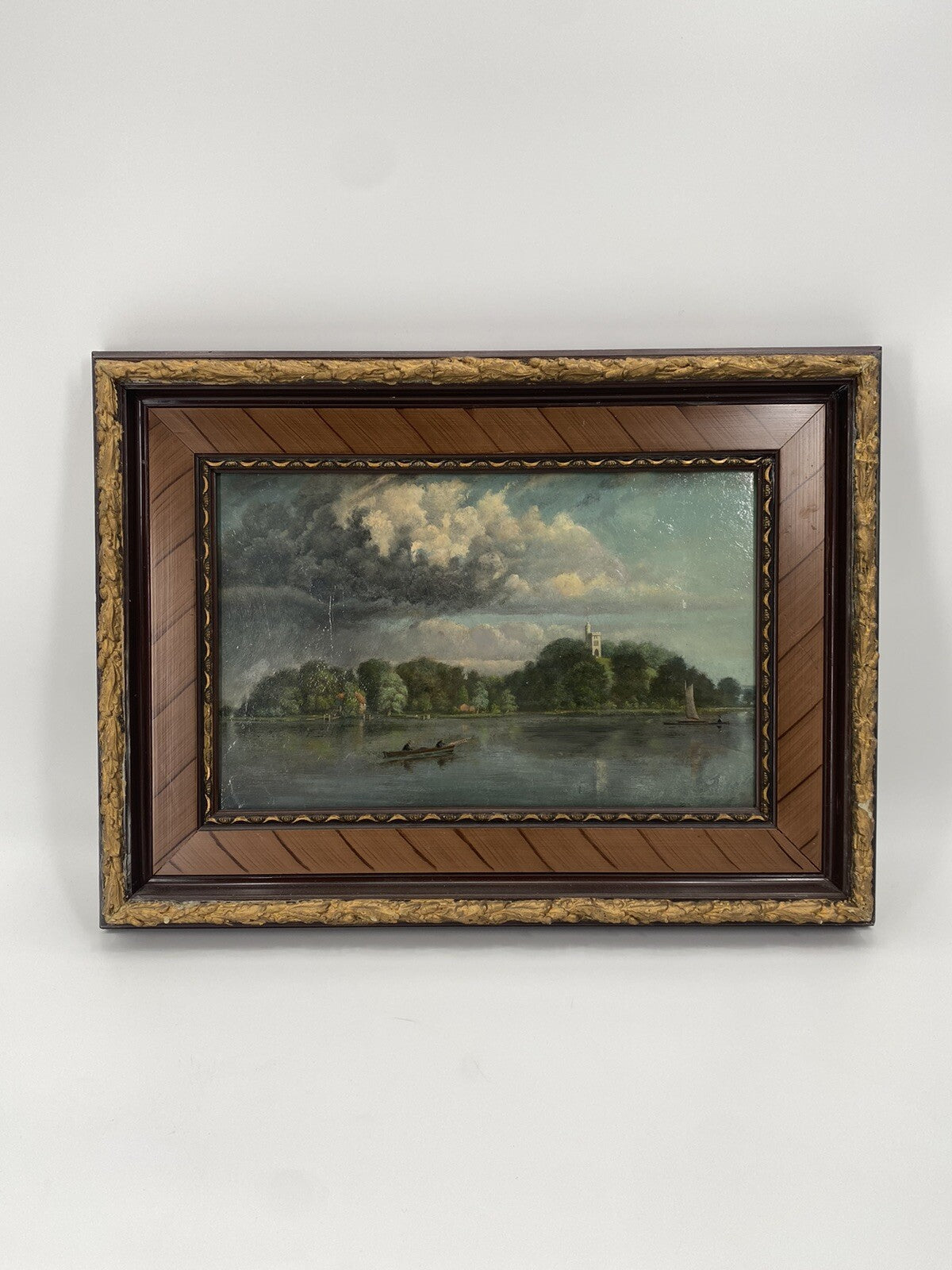 * ÖLGEMÄLDE BILD ÖL INSEL BOOT WETTER WOLKEN ANSICHT ANTIK 1909