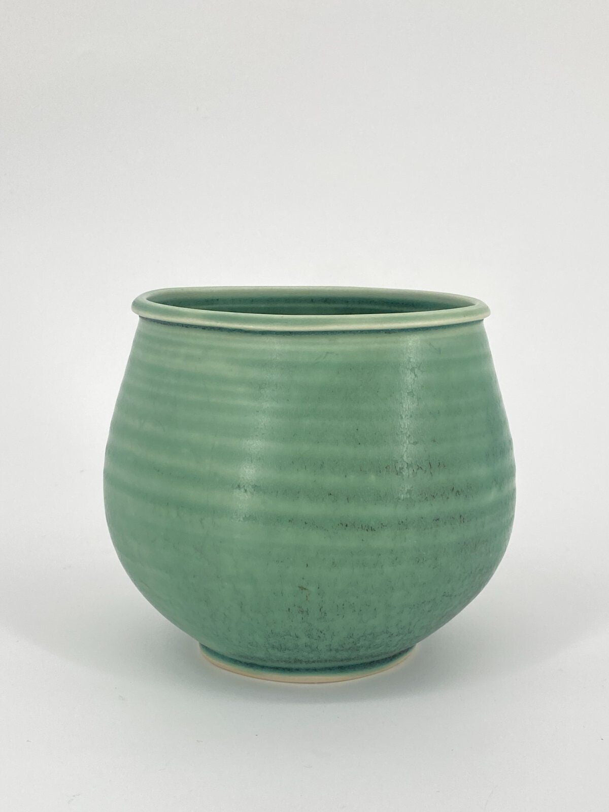 * STUDIOKERAMIK VASE RUND OVAL JADE GRÜN MARMORIERT RINGE VINTAGE
