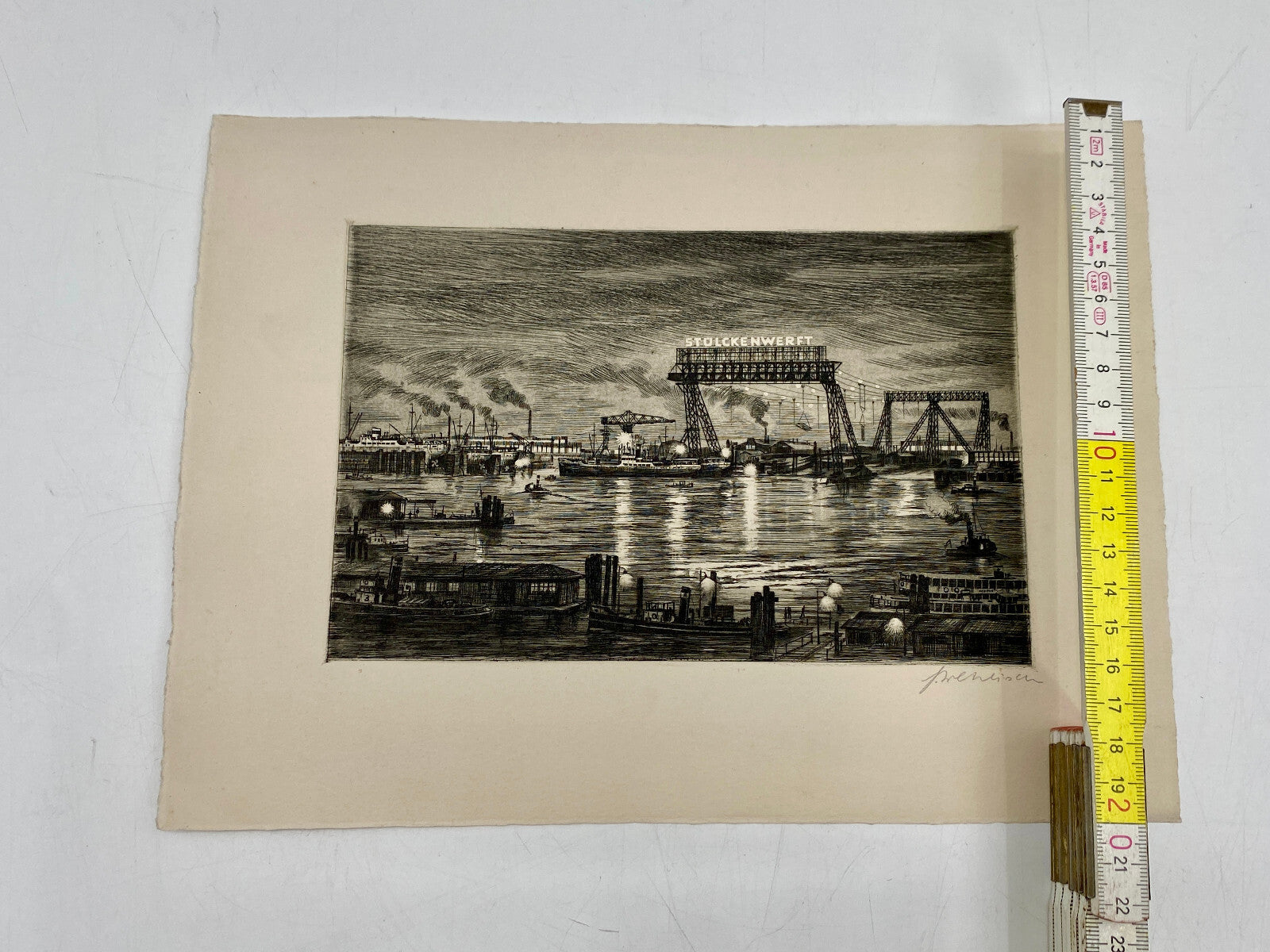 * RADIERUNG HAMBURG HAFEN BEI NACHT STÜLCKENWERFT HEINZ WEHLISCH um 1960