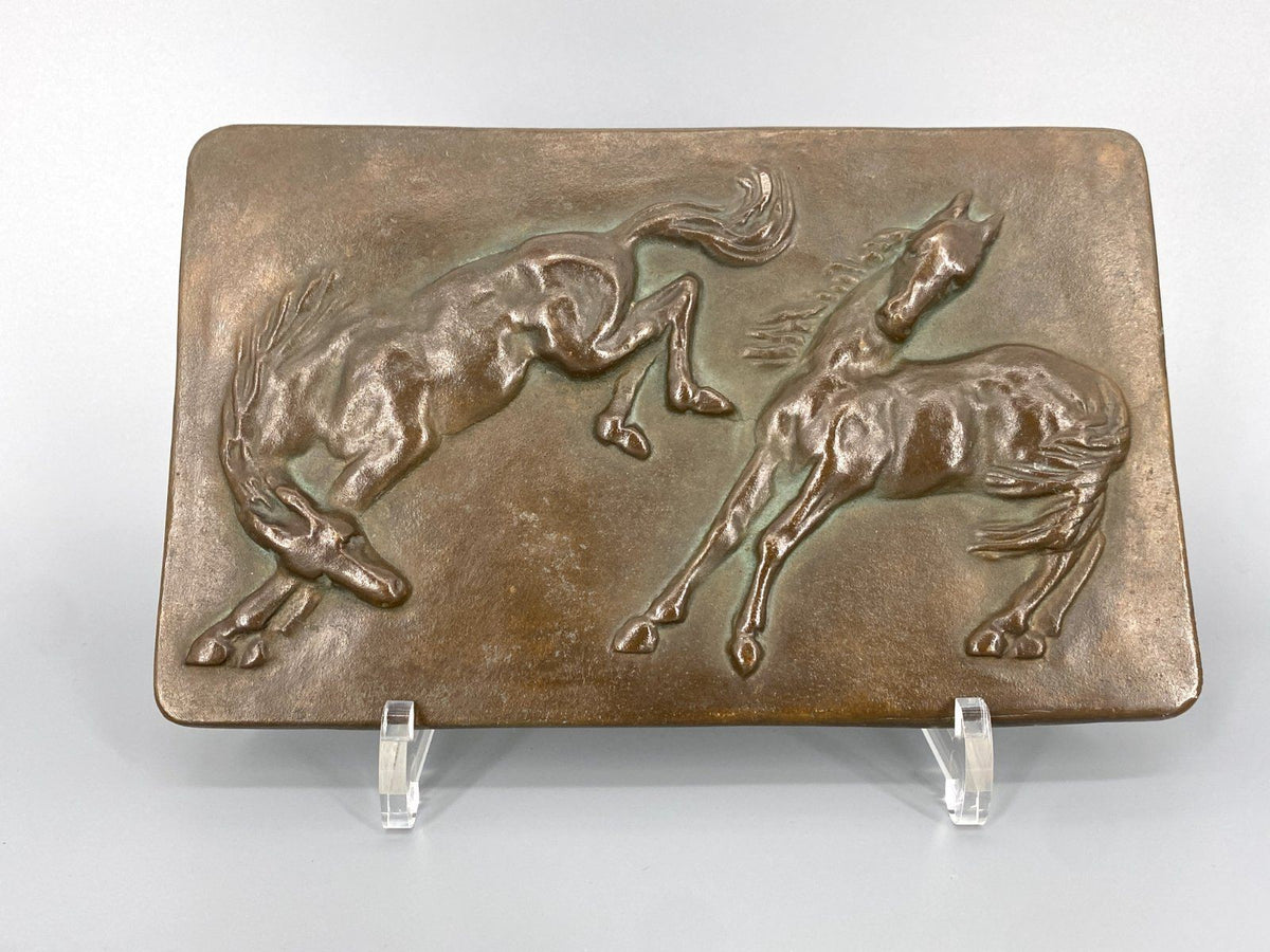 * WANDBILD RELIEF 2 PFERDE BRONZE MESSING 60er WANDPLAKETTE