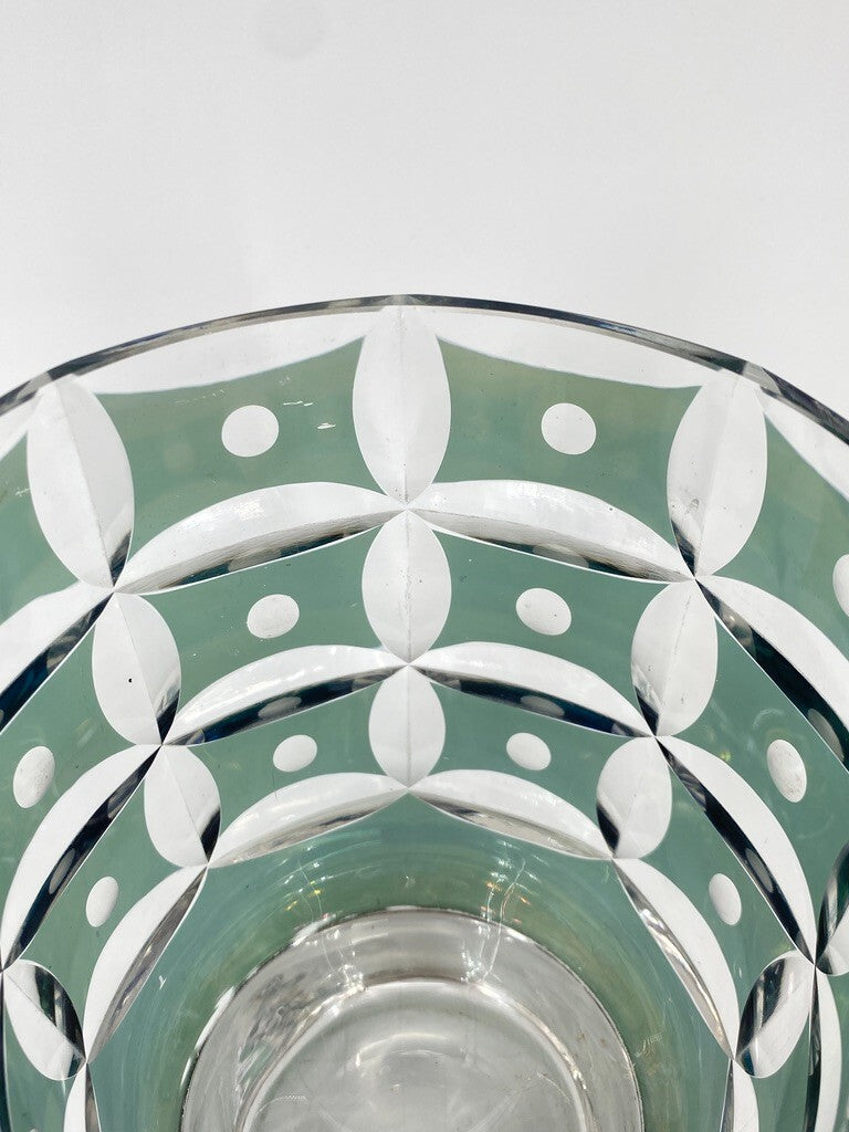* VASE BÖHMISCHES GLAS ART DECO TOPF TÜRKIS BLAU GRÜN GESCHLIFFEN PUNKTE