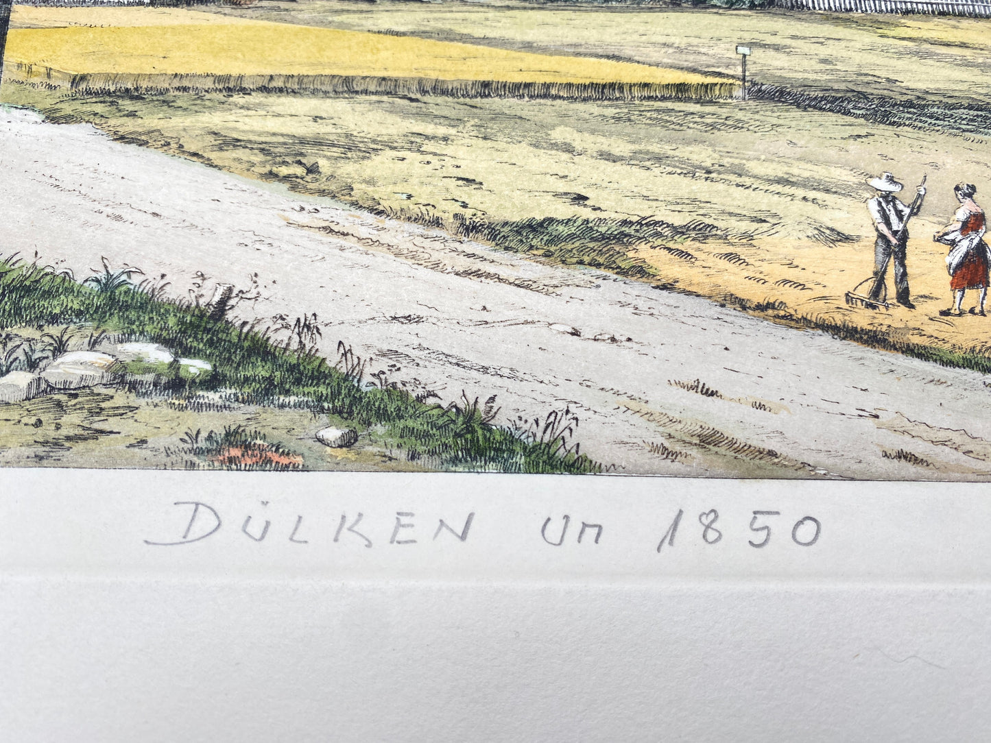 HEINZ WEHLISCH DEUTSCHER KÜNSTLER RADIERUNG DÜLKEN UM 1850 KOLORIERT SIGNIERT
