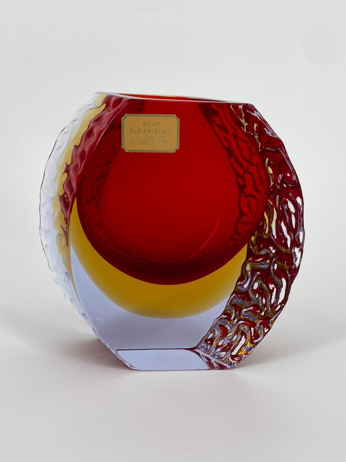 * MID CENTURY DESIGN MURANO GLAS VASE ROT GELB BLEIKRISTALL MANDRUZZATO 13CM