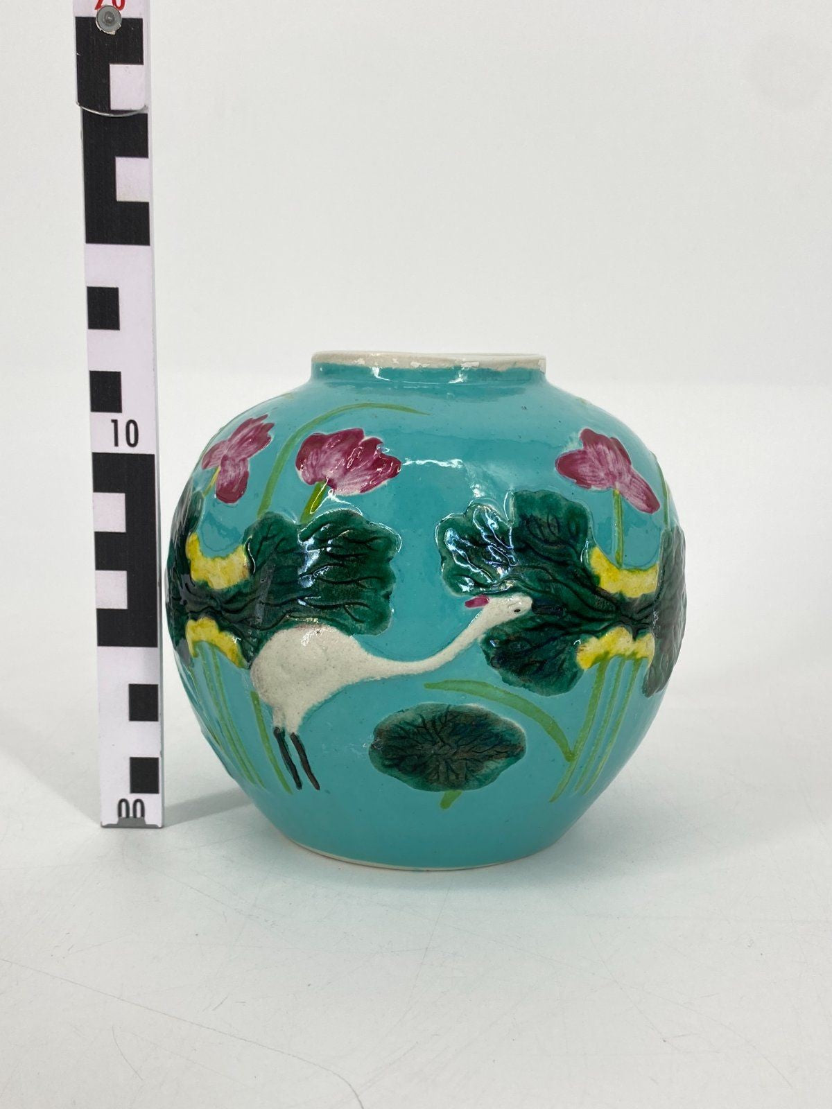 * CHINESISCHE KERAMIK VASE KRANICH SEEROSE RELIEF TÜRKIS VINTAGE