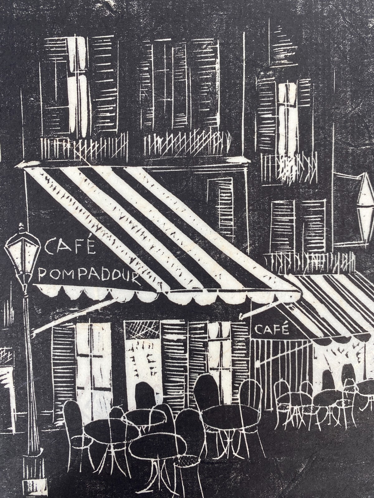 * CAFE POMPADOUR LINOLSCHNITT BILD GRAFIK ALEXA ARNDT GEWIDMET ANETTE