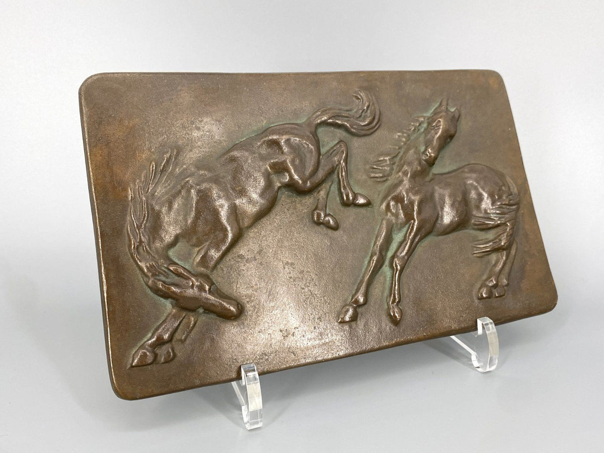 * WANDBILD RELIEF 2 PFERDE BRONZE MESSING 60er WANDPLAKETTE
