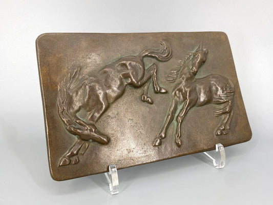 * WANDBILD RELIEF 2 PFERDE BRONZE MESSING 60er WANDPLAKETTE