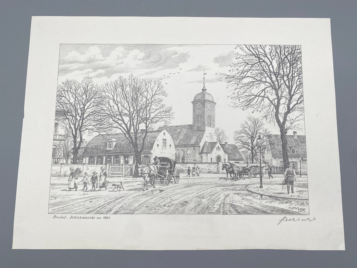 DEUTSCHER KÜNSTLER HEINZ WEHLISCH ZEICHNUNG BERLIN RIXDORF BETHLEHEMKIRCHE 1885