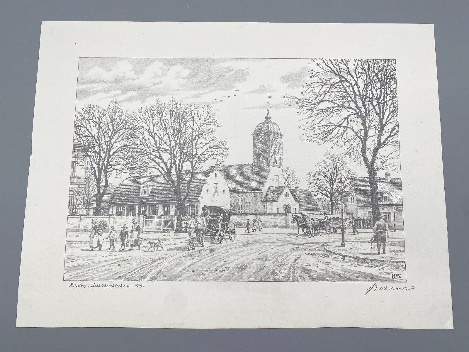 DEUTSCHER KÜNSTLER HEINZ WEHLISCH ZEICHNUNG BERLIN RIXDORF BETHLEHEMKIRCHE 1885