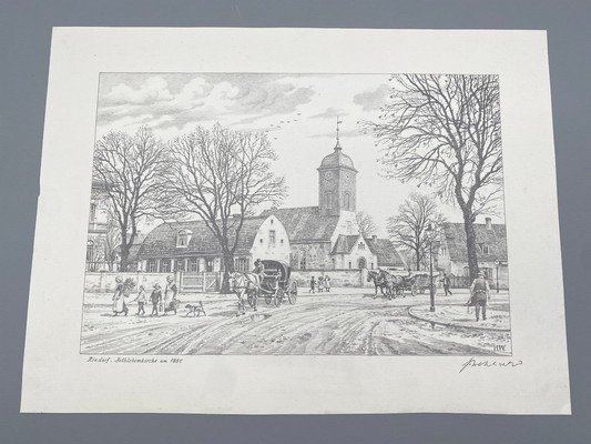 DEUTSCHER KÜNSTLER HEINZ WEHLISCH ZEICHNUNG BERLIN RIXDORF BETHLEHEMKIRCHE 1885