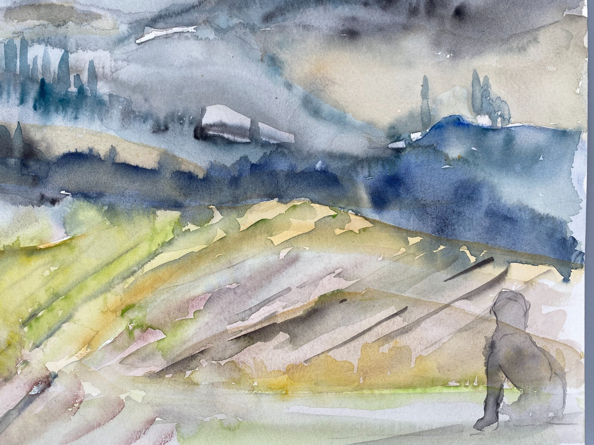 *AQUARELLGEMÄLDE ITALIEN LANDSCHAFT MEDITERRAN SONNENAUFGANG HUND SIGRID HANNSE