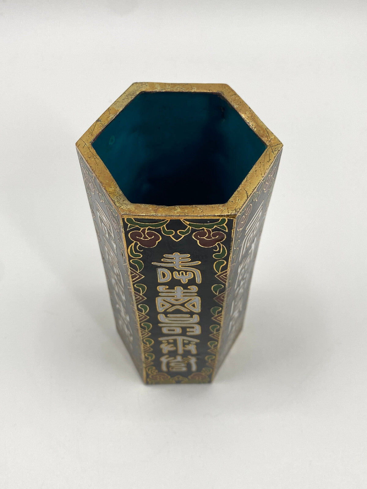 * CHINESISCHE VASE CLOISONNE EMAILLE CHINA ACHTECKIG HEXAGON SCHWARZ BLUME