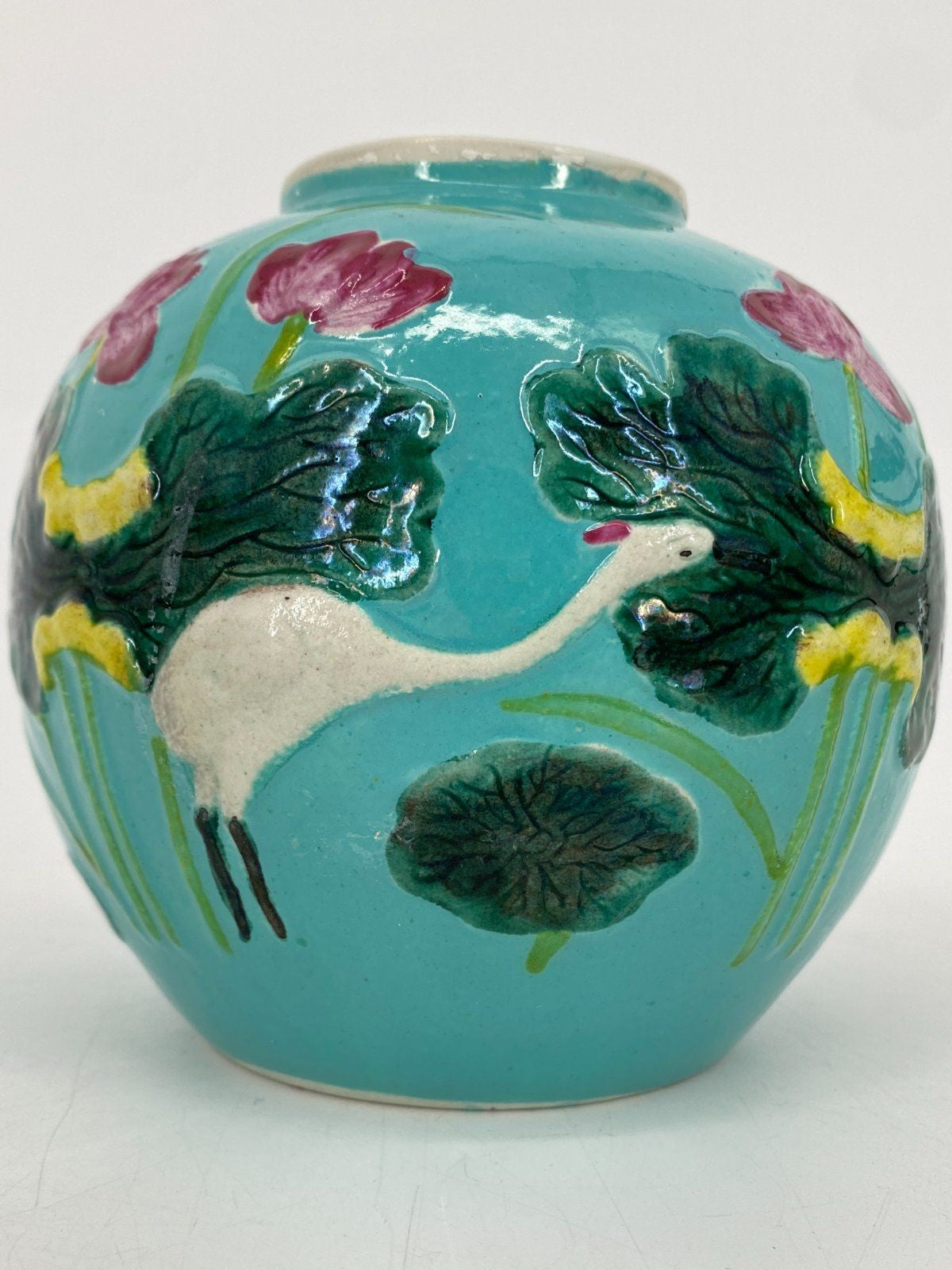 * CHINESISCHE KERAMIK VASE KRANICH SEEROSE RELIEF TÜRKIS VINTAGE