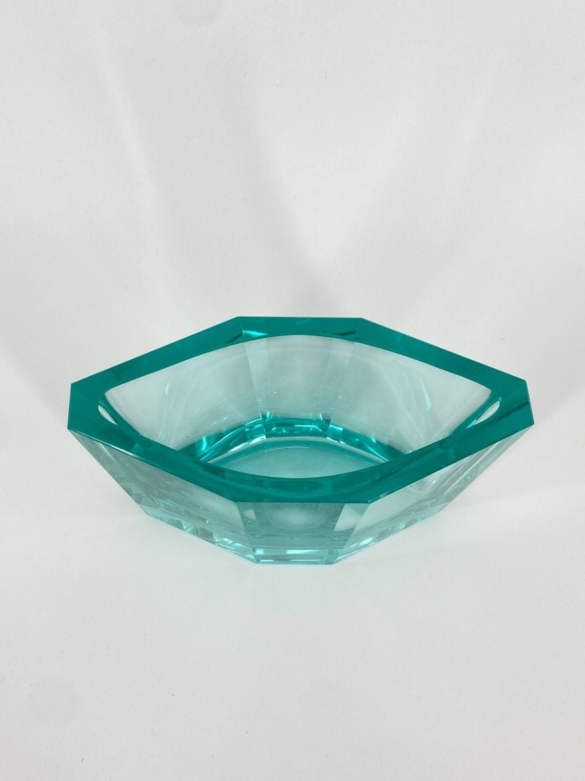 * FACETTIERTE GLAS VASE BLAUGRÜN TSCHECHIEN MID CENTURY DESIGN